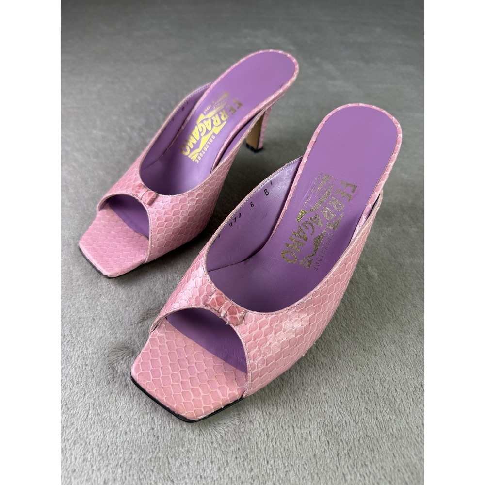 Salvatore Ferragamo Pink Lilac Snake-Embossed Leather Mules